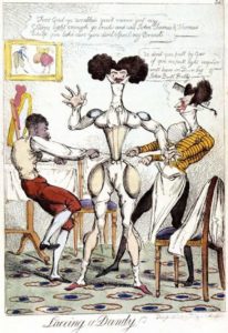"Lacing the Dandy" c 1819. Artist unknown.